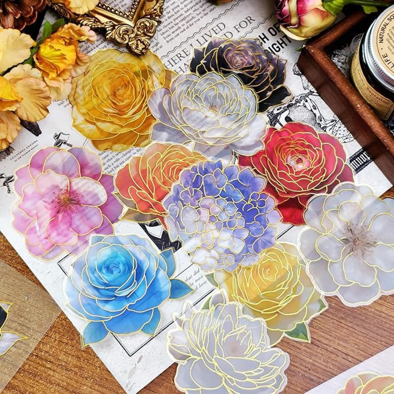 128 Pcs Large Holographic Flower Stickers - Waterproof Gold Foil Vintage Decals - Shimmering Transparent PET Botanical Stickers for Scrapbooking, Room Decor, and Teacher Gift Sets